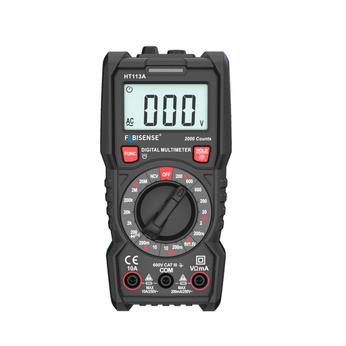FABISENSE HT113A Manual Range Digital Multimeter 2000 Counts with NCV Detector, AC/DC Current, Worklight & Battery Test