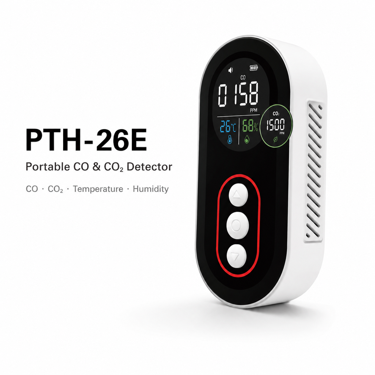 FABISENSE 26E Portable CO & CO2 Detector with Temperature & Humidity Display, Buzzer Alarm and Rechargeable Battery