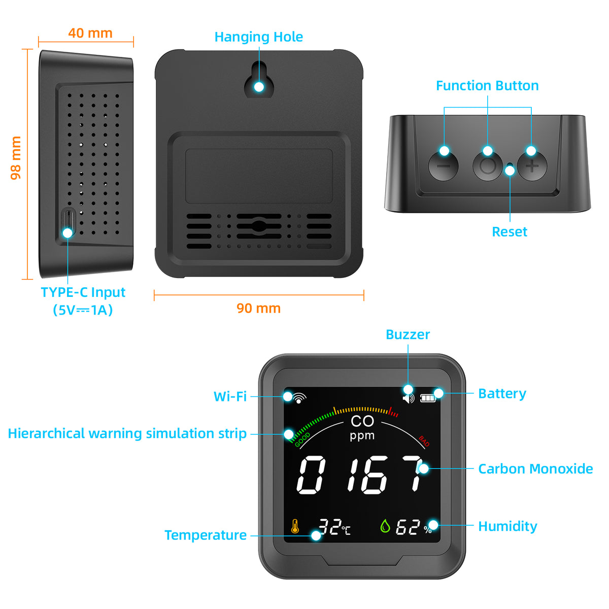 FABISENSE 9D / 9DW Portable CO Detector, Carbon Monoxide Monitor with Adjustable Alarm, Temperature Humidity & Wi-Fi Tuya Smart