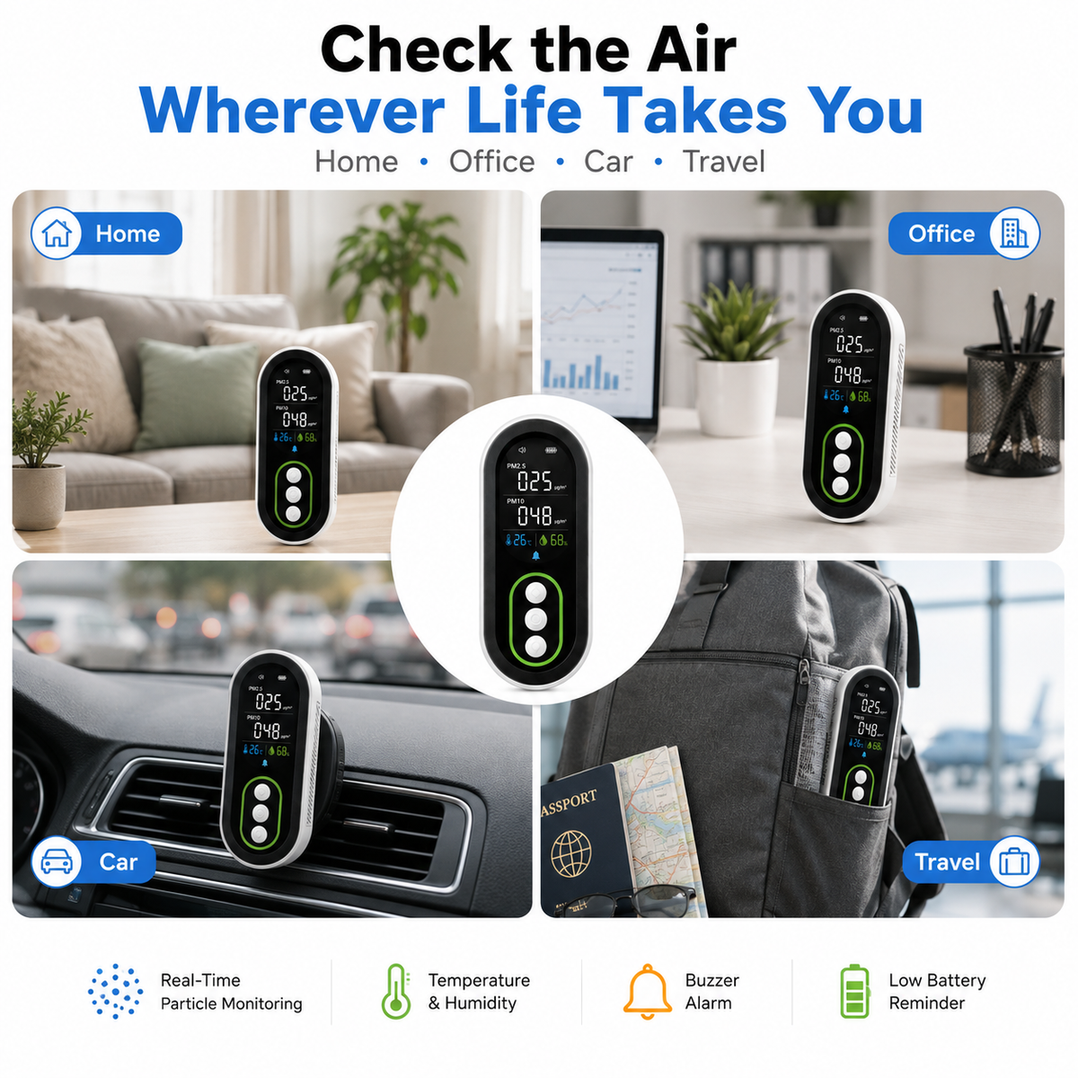 FABISENSE 26P Portable PM2.5 & PM10 Air Quality Monitor with Temperature, Humidity and Alarm