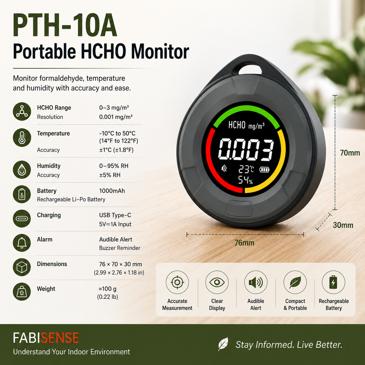 FABISENSE 10A 便携式甲醛监测仪——集温度、湿度监测与声音报警功能于一体的甲醛检测仪,适用于家庭、办公室、房车及室内空间