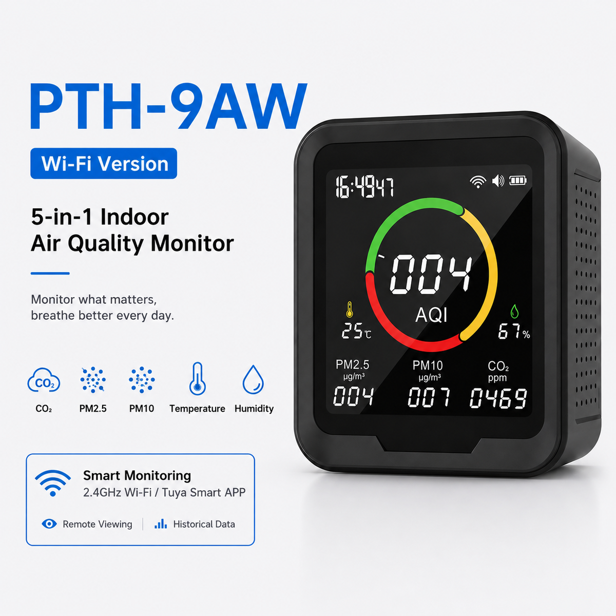 FABISENSE 9A /9AW 5-in-1 Air Quality Monitor, CO₂ PM2.5 PM10 Detector with Temperature, Humidity & Optional Wi-Fi App