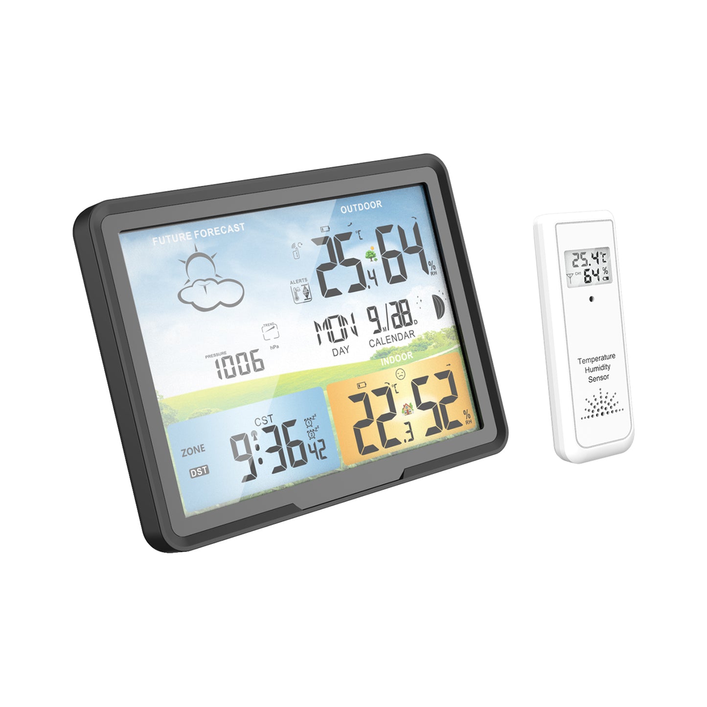 PT20A Wireless Weather Station Standing and Wall Hanging Colorful LCD Alarm Clock Indoor Thermometer Hygrometer