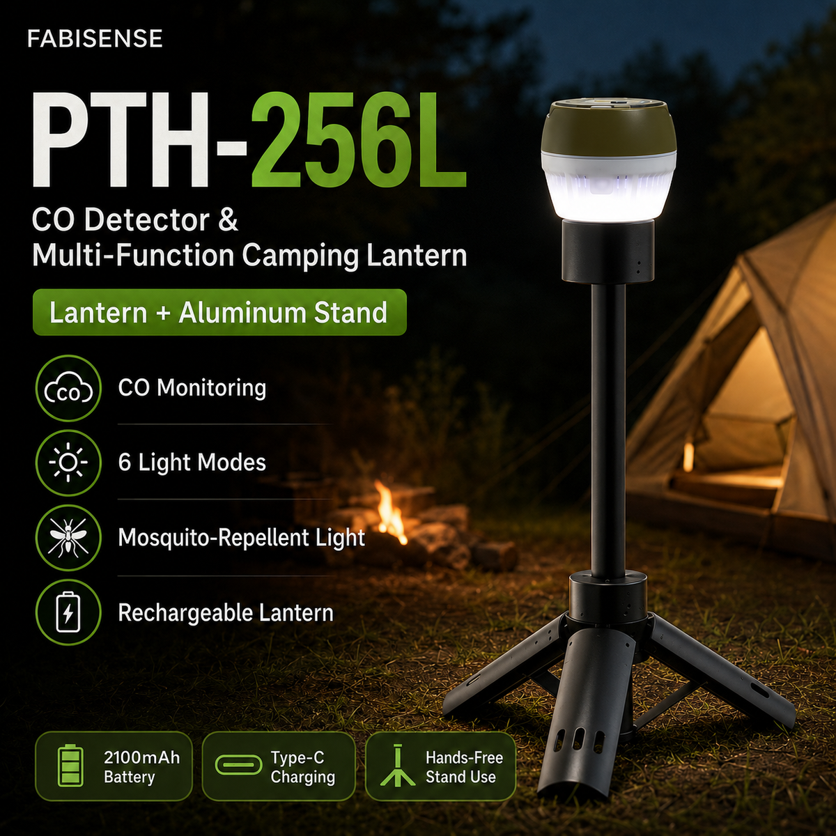 FABISENSE 256L 便携式一氧化碳检测仪及露营灯,具备 6 种灯光模式、可选配铝合金支架及 2100mAh 电池
