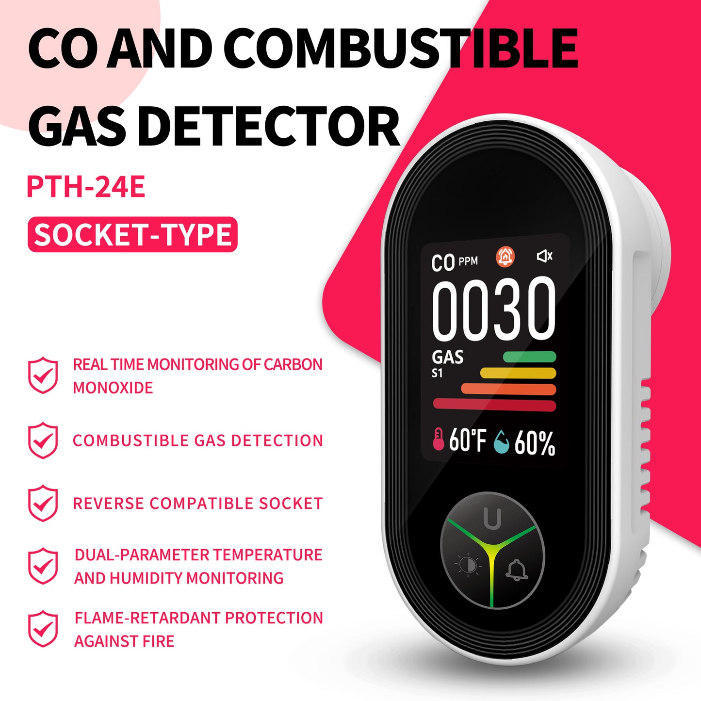 FABISENSE 3-in-1 Plug-in Carbon Monoxide Detector | Color-Coded Breathing Light | 85dB Alarm | CO, Temp & Humidity | for Home, Hotel, RV