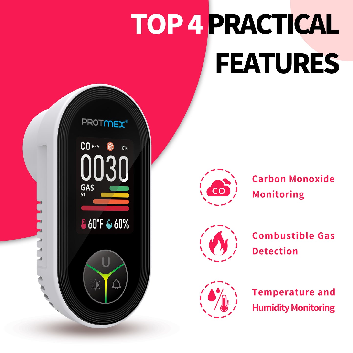Protmex 4-in-1 Carbon Monoxide & Gas Detectors Plug in, Home CO Gas Detector with Temperature & Humidity Monitoring - Large Screen 4 in 1 CO and Gas Detector