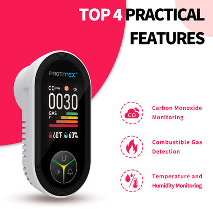 Protmex 4-in-1 Carbon Monoxide & Gas Detectors Plug in, Home CO Gas Detector with Temperature & Humidity Monitoring - Large Screen 4 in 1 CO and Gas Detector