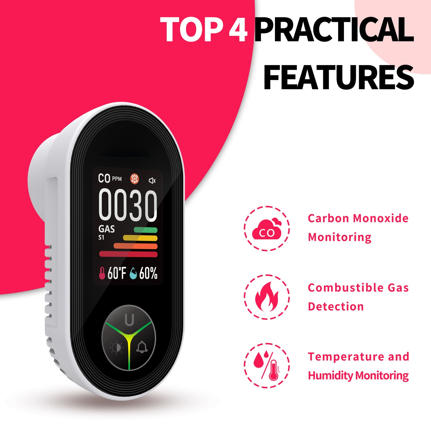 FABISENSE 3-in-1 Plug-in Carbon Monoxide Detector | Color-Coded Breathing Light | 85dB Alarm | CO, Temp & Humidity | for Home, Hotel, RV