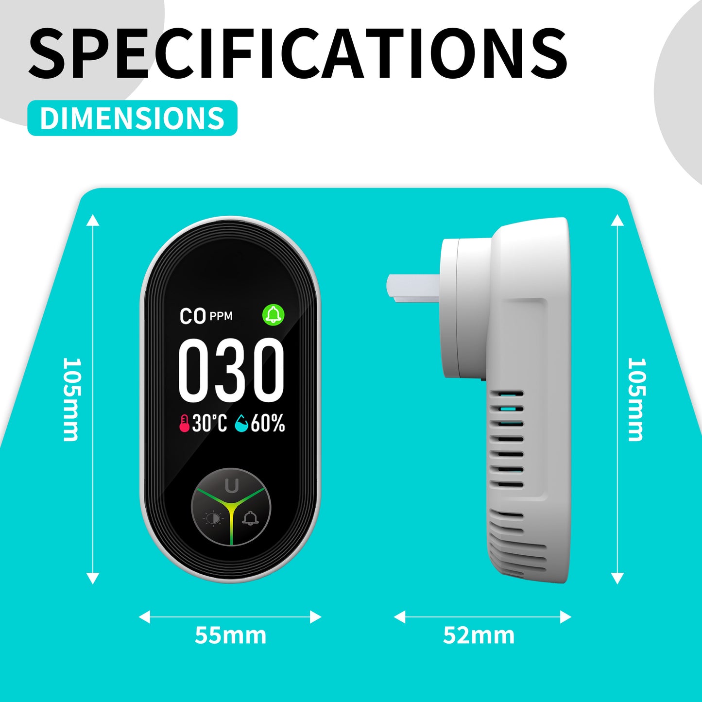 FABISENSE 3-in-1 Plug-in Carbon Monoxide Detector | Color-Coded Breathing Light | 85dB Alarm | CO, Temp & Humidity | for Home, Hotel, RV
