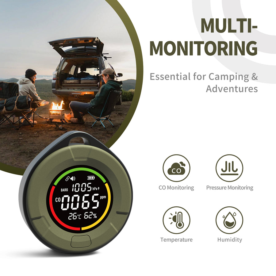 ABISENSE PTH-10D+ Portable CO Detector for Camping & RV with Barometric Pressure, Bluetooth App, Temperature & Humidity