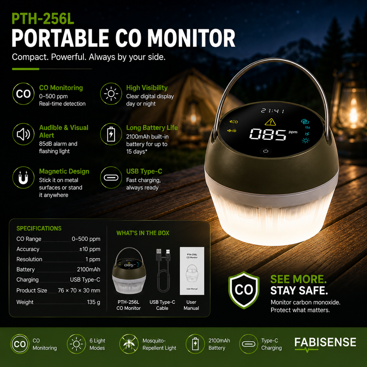 FABISENSE 256L 便携式一氧化碳检测仪及露营灯，具备 6 种灯光模式、可选配铝合金支架及 2100mAh 电池
