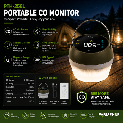FABISENSE 256L 便携式一氧化碳检测仪及露营灯，具备 6 种灯光模式、可选配铝合金支架及 2100mAh 电池