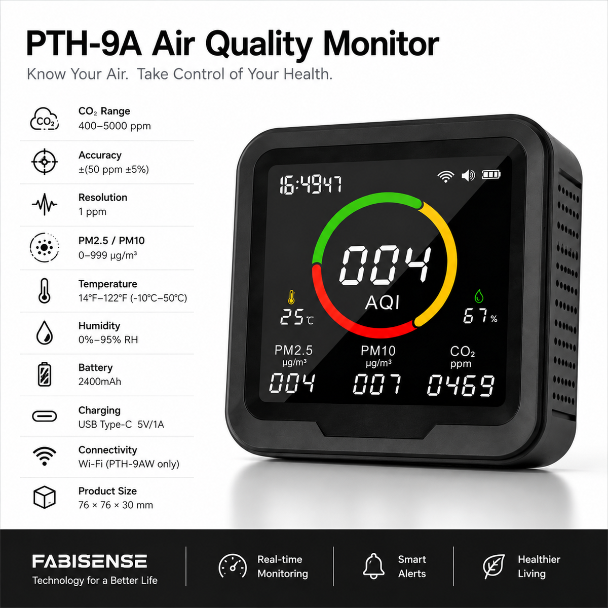 FABISENSE 9A /9AW 5-in-1 Air Quality Monitor, CO₂ PM2.5 PM10 Detector with Temperature, Humidity & Optional Wi-Fi App