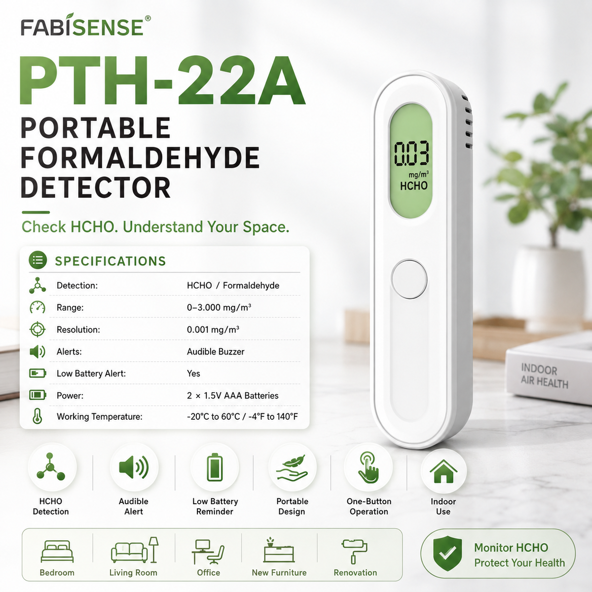 FABISENSE 22A Portable Formaldehyde Detector – HCHO Air Quality Monitor with Audible Alert