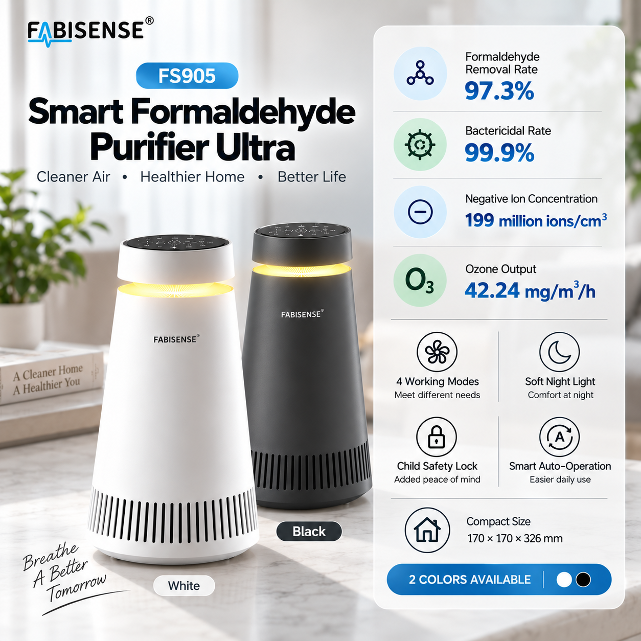 FABISENSE FS905 Smart Air Purifier Ultra | Whole-Home Gaseous Defense | Intelligent High-Precision Sensor | Clears Formaldehyde
