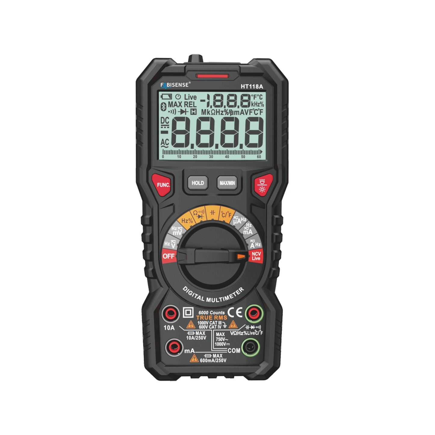 FABISENSE HT118A True RMS Digital Multimeter 6000 Counts Auto-Ranging Tester with LCD Dual Display, Bargraph, Temperature, NCV & Live Wire Test