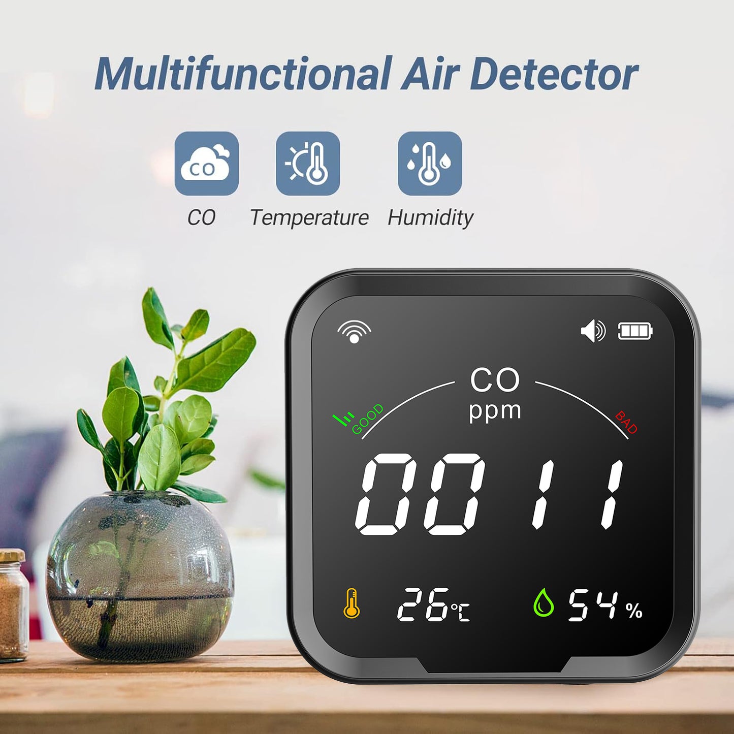 FABISENSE 9DW 3-in-1 WiFi CO Detector | Tuya App | 4" Color LCD | CO, Temp & Humidity | 90H Battery | Type-C | for Home & Travel