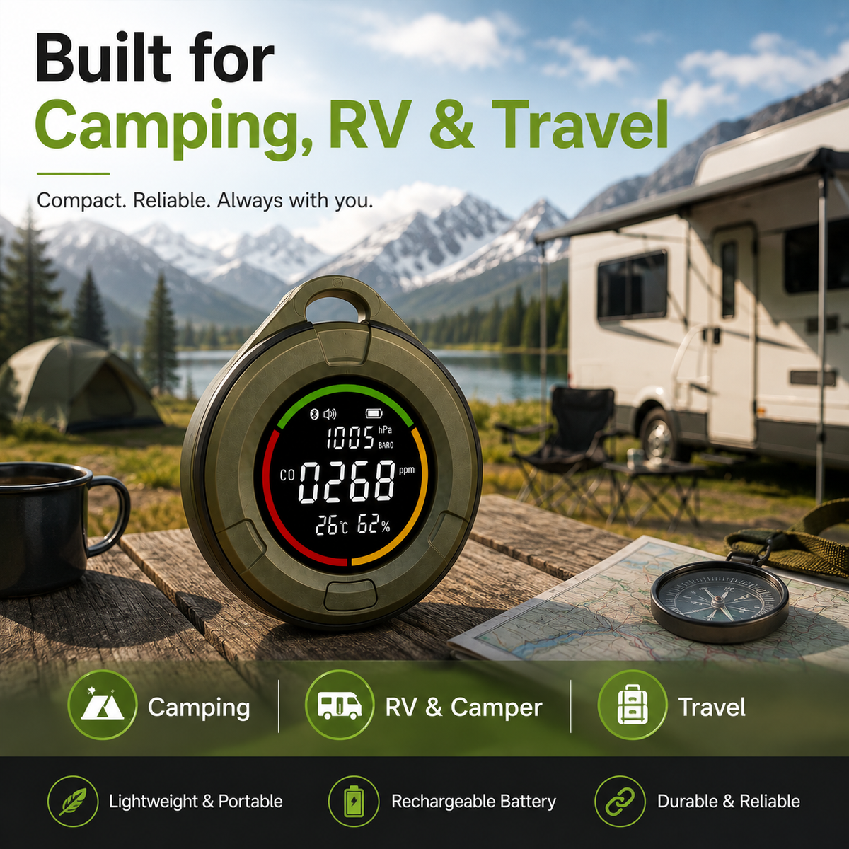 ABISENSE PTH-10D+ Portable CO Detector for Camping & RV with Barometric Pressure, Bluetooth App, Temperature & Humidity