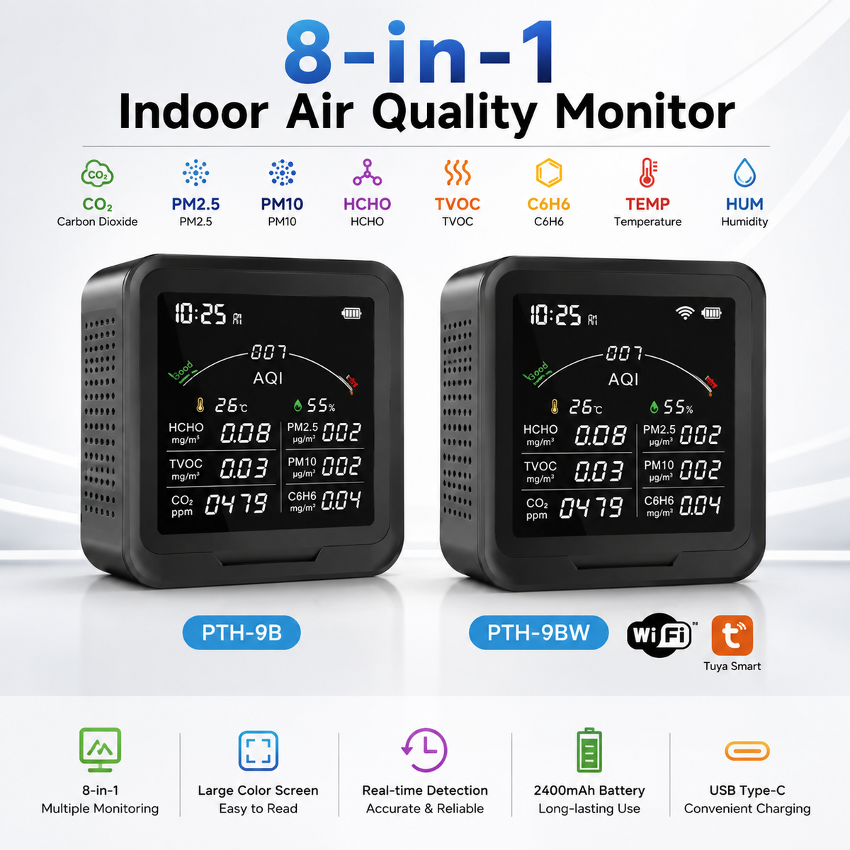 FABISENSE 9BW 室内空气质量监测仪，支持 CO₂、PM2.5、PM10、甲醛、TVOC 检测，具备温湿度监测功能，可选配 WiFi 及涂鸦 (Tuya) App。