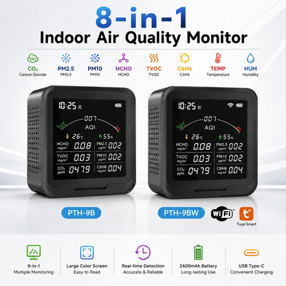FABISENSE 9BW 室内空气质量监测仪，支持 CO₂、PM2.5、PM10、甲醛、TVOC 检测，具备温湿度监测功能，可选配 WiFi 及涂鸦 (Tuya) App。