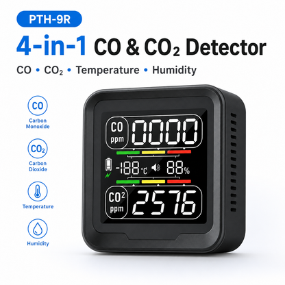 FABISENSE 9R 四合一 CO 及 CO₂ 检测仪，带温度、湿度、可调节警报及 2000mAh 可充电电池的一氧化碳监测仪