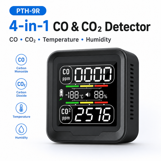 FABISENSE 9R 四合一 CO 及 CO₂ 检测仪，带温度、湿度、可调节警报及 2000mAh 可充电电池的一氧化碳监测仪