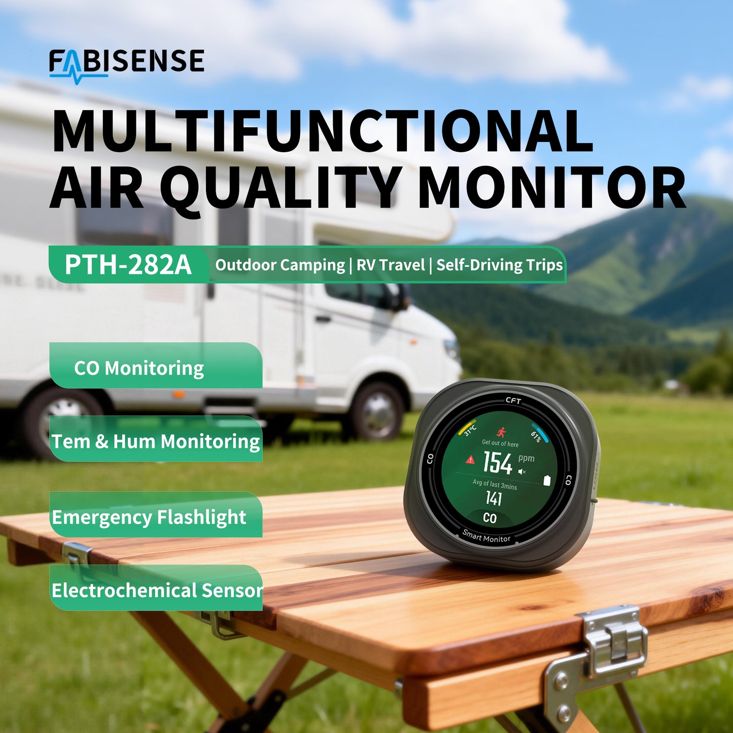 FABISENSE 282A Portable CO Detector | 0-1000ppm | Temp & Humidity | 1.8" Touch LCD | 2100mAh | Type-C | for Camping & Construction