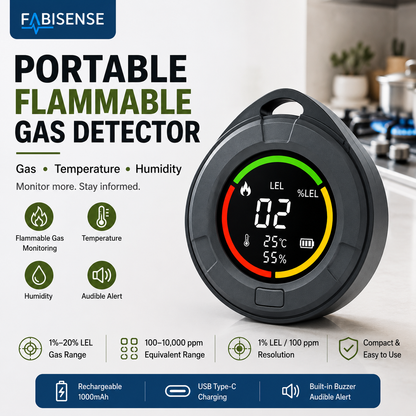 FABISENSE 10B Portable Flammable Gas Detector – Combustible Gas Monitor with Temperature, Humidity & Audible Alert for Home, Kitchen, RV & Indoor Spaces
