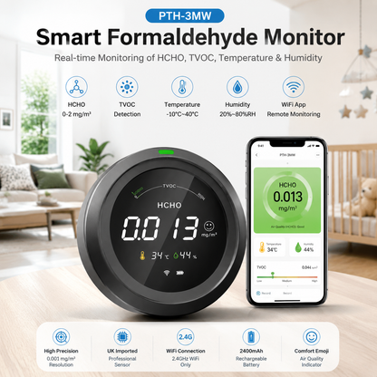 FABISENSE PTH-3MW 智能甲醛监测仪 – 带甲醛、TVOC、温湿度传感器的 WiFi 空气质量检测仪