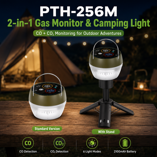 FABISENSE 256M Portable CO & CO₂ Detector Camping Lantern with 6 Light Modes, 2100mAh Battery & Optional Aluminum Stand