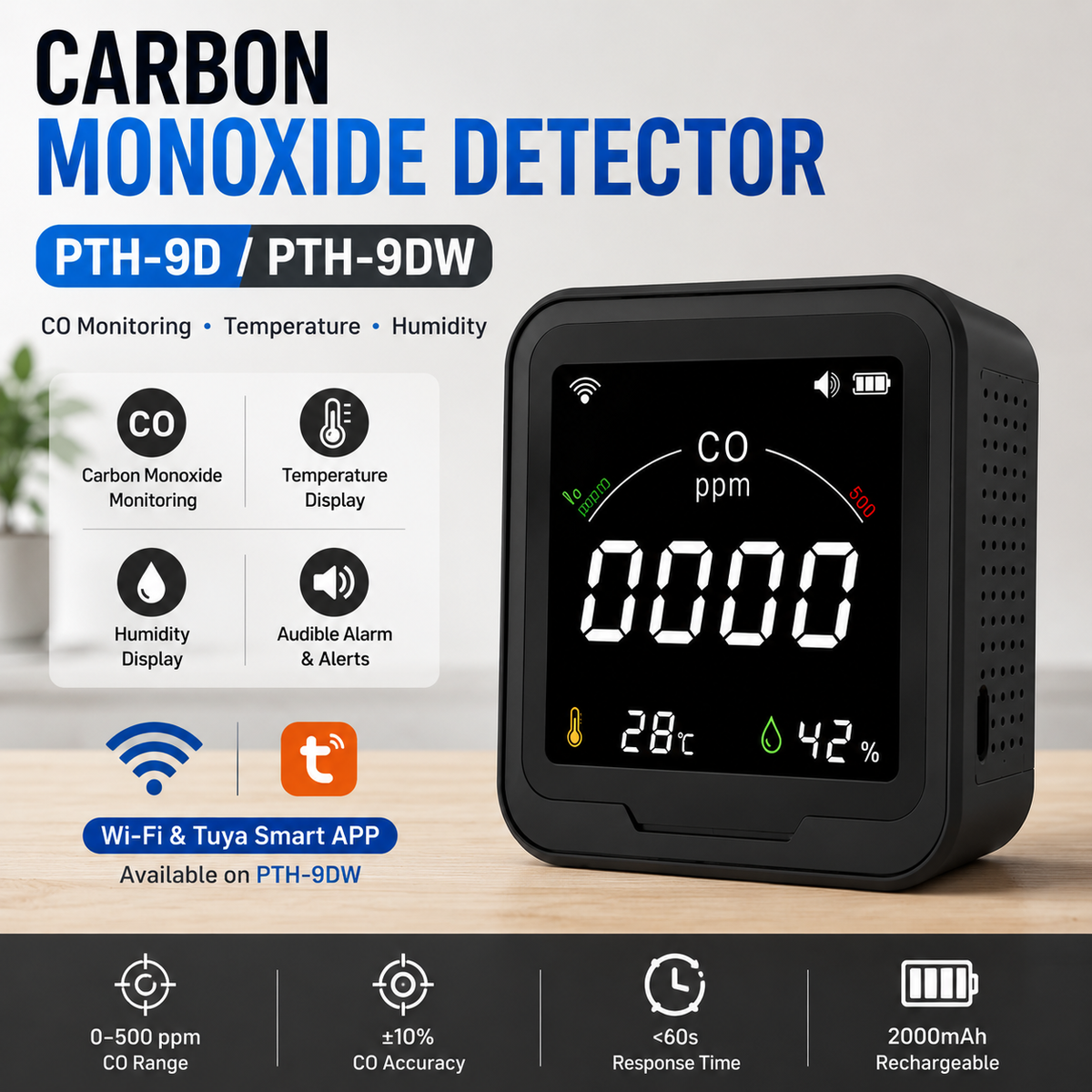 FABISENSE 9D / 9DW Portable CO Detector, Carbon Monoxide Monitor with Adjustable Alarm, Temperature Humidity & Wi-Fi Tuya Smart