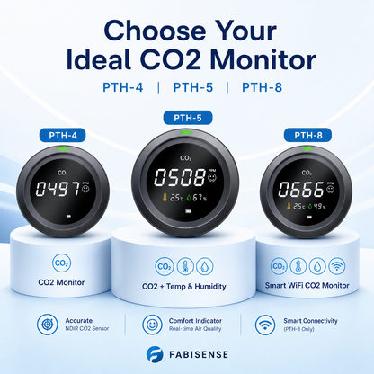 FABISENSE PTH Series Indoor CO2 Monitor – NDIR Carbon Dioxide Detector with Rechargeable Battery, Temperature Humidity & WiFi App Options
