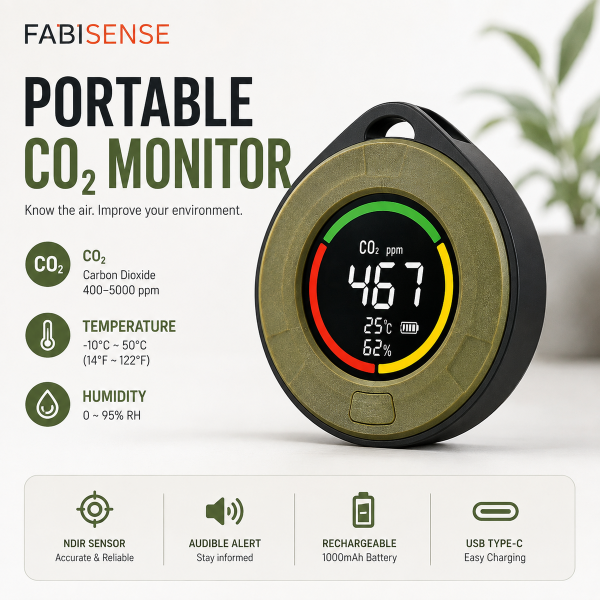 FABISENSE 10C Portable CO₂ Monitor – NDIR Carbon Dioxide Detector with Temperature, Humidity & Audible Alert for Home, Office, RV & Travel