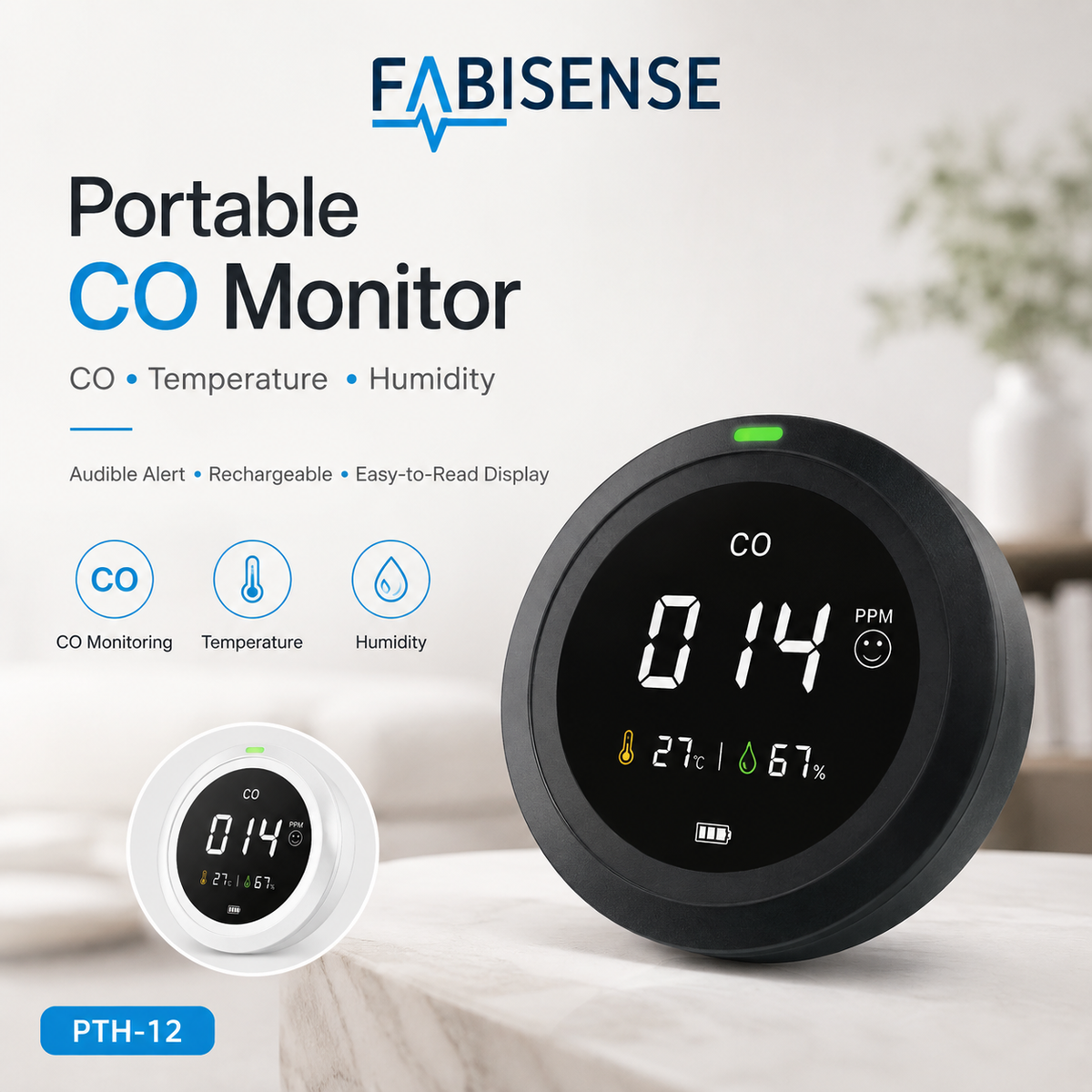 FABISENSE PTH-12 Portable Carbon Monoxide Detector – CO Monitor with Temperature, Humidity & Audible Alarm for Home, Kitchen, RV, Cabin & Garage