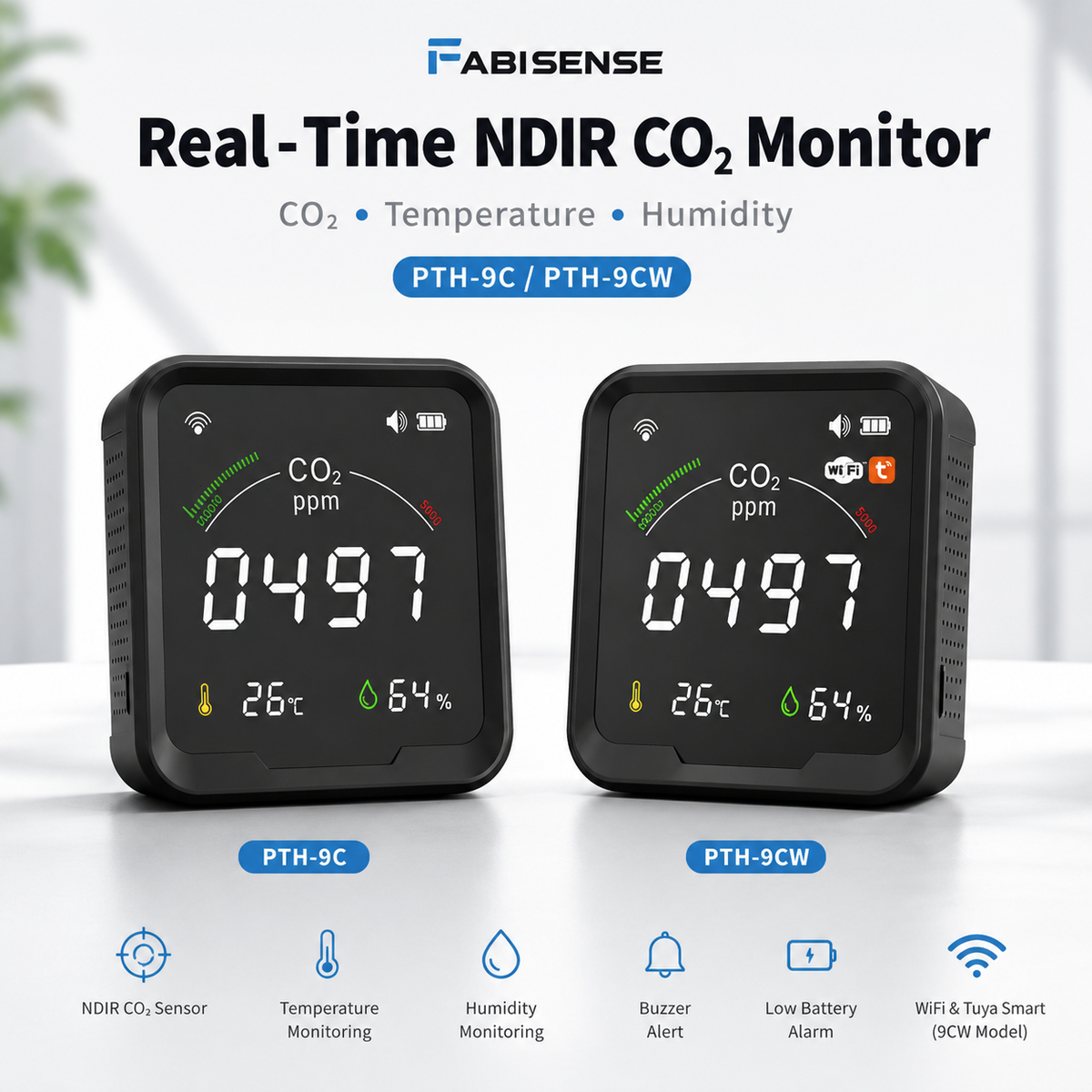 FABISENSE 9CW 智能WiFi二氧化碳检测仪 | NDIR传感器 | 涂鸦智能App | 二氧化碳、温度和湿度 | 适用于家庭和温室