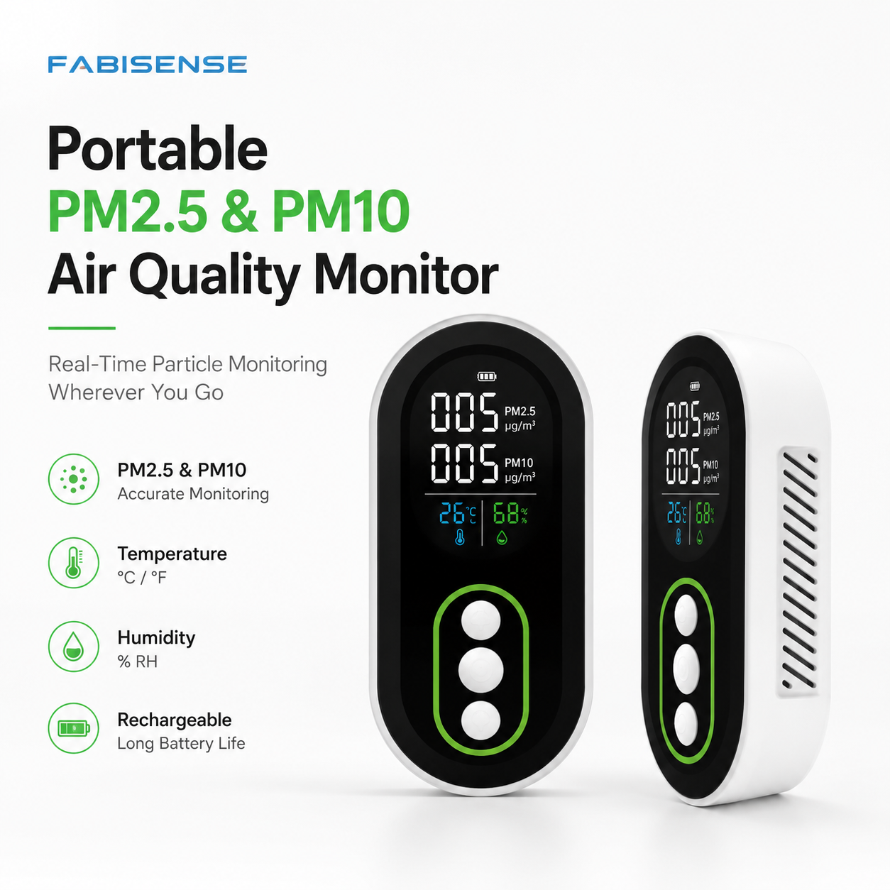 FABISENSE 26P Portable PM2.5 & PM10 Air Quality Monitor with Temperature, Humidity and Alarm
