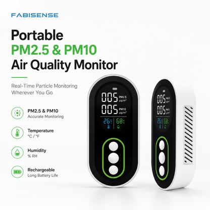 FABISENSE 26P Portable PM2.5 & PM10 Air Quality Monitor with Temperature, Humidity and Alarm