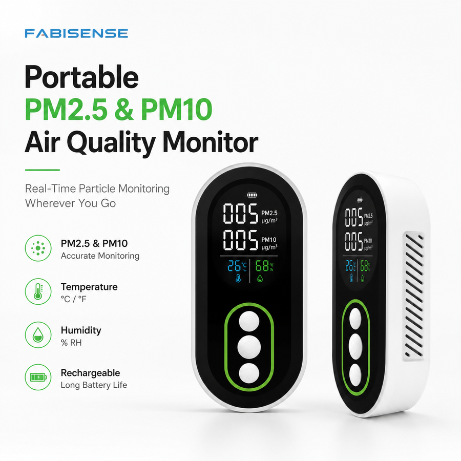 FABISENSE 26P Portable PM2.5 & PM10 Air Quality Monitor with Temperature, Humidity and Alarm