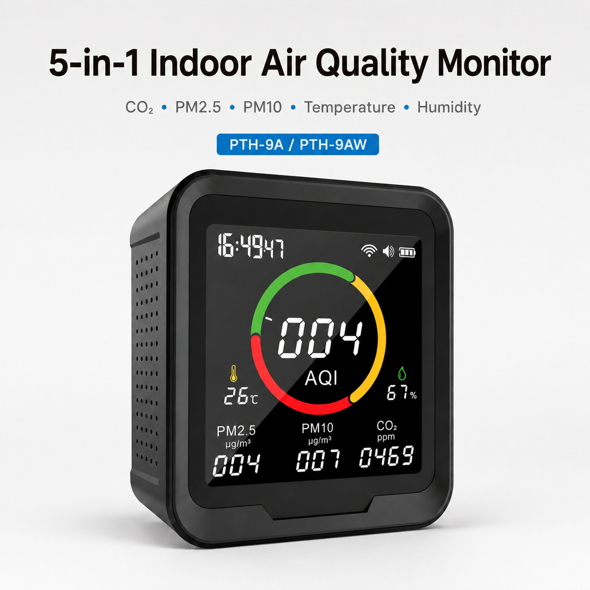 FABISENSE 9A /9AW 5-in-1 Air Quality Monitor, CO₂ PM2.5 PM10 Detector with Temperature, Humidity & Optional Wi-Fi App