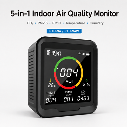 FABISENSE 9A /9AW 5-in-1 Air Quality Monitor, CO₂ PM2.5 PM10 Detector with Temperature, Humidity & Optional Wi-Fi App