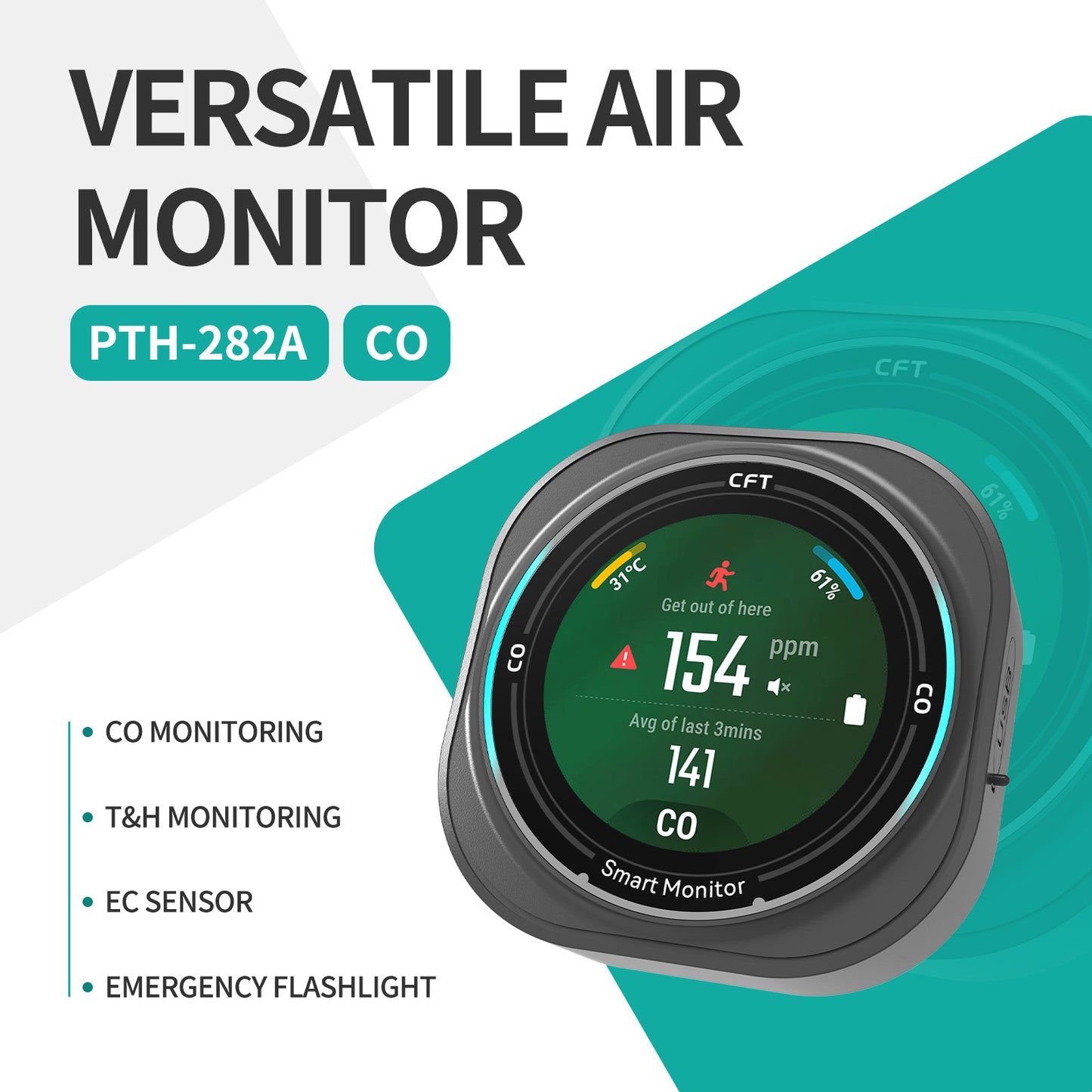 FABISENSE 282A Portable CO Detector | 0-1000ppm | Temp & Humidity | 1.8" Touch LCD | 2100mAh | Type-C | for Camping & Construction