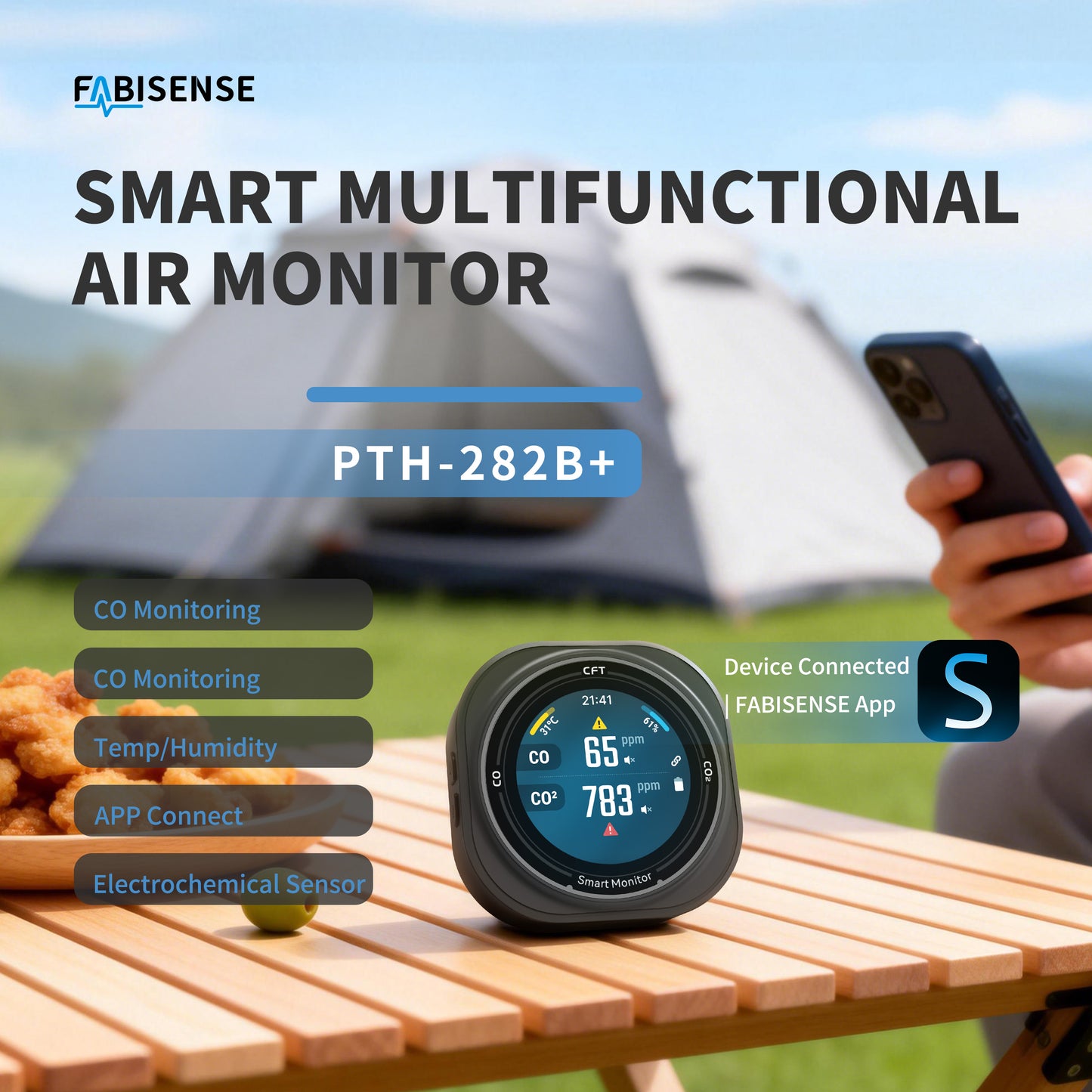 FABISENSE 282B+ Smart Professional CO CO₂ Detector with App, Time Display, Temp/Humidity Sensor, Type-C Charging for Industrial, Camping & Indoor Air Quality