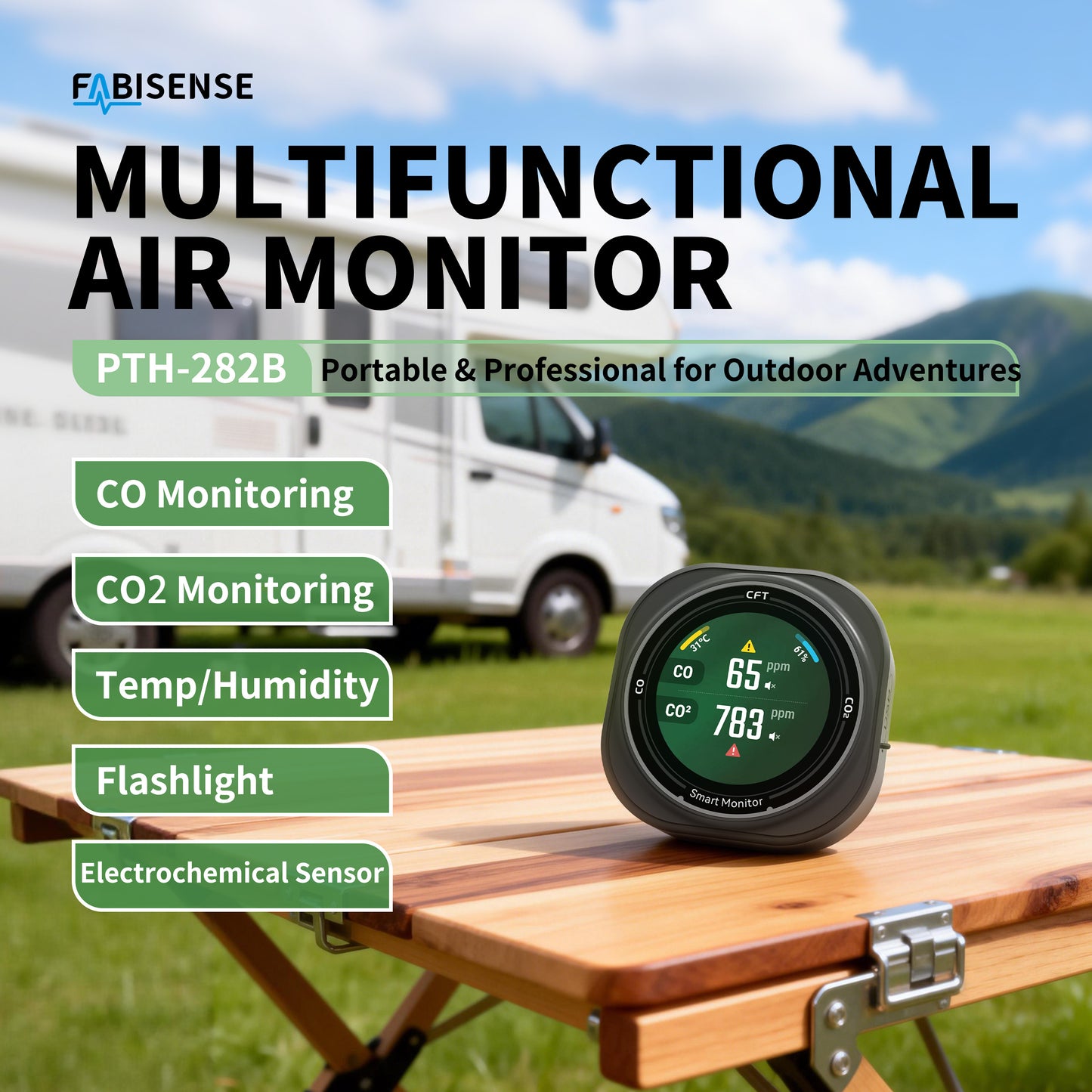 FABISENSE 282B Professional CO & CO₂ Detector | Dual Gas | Temp & Humidity | 1.8" Touch LCD | 2100mAh | for Industrial & Camping