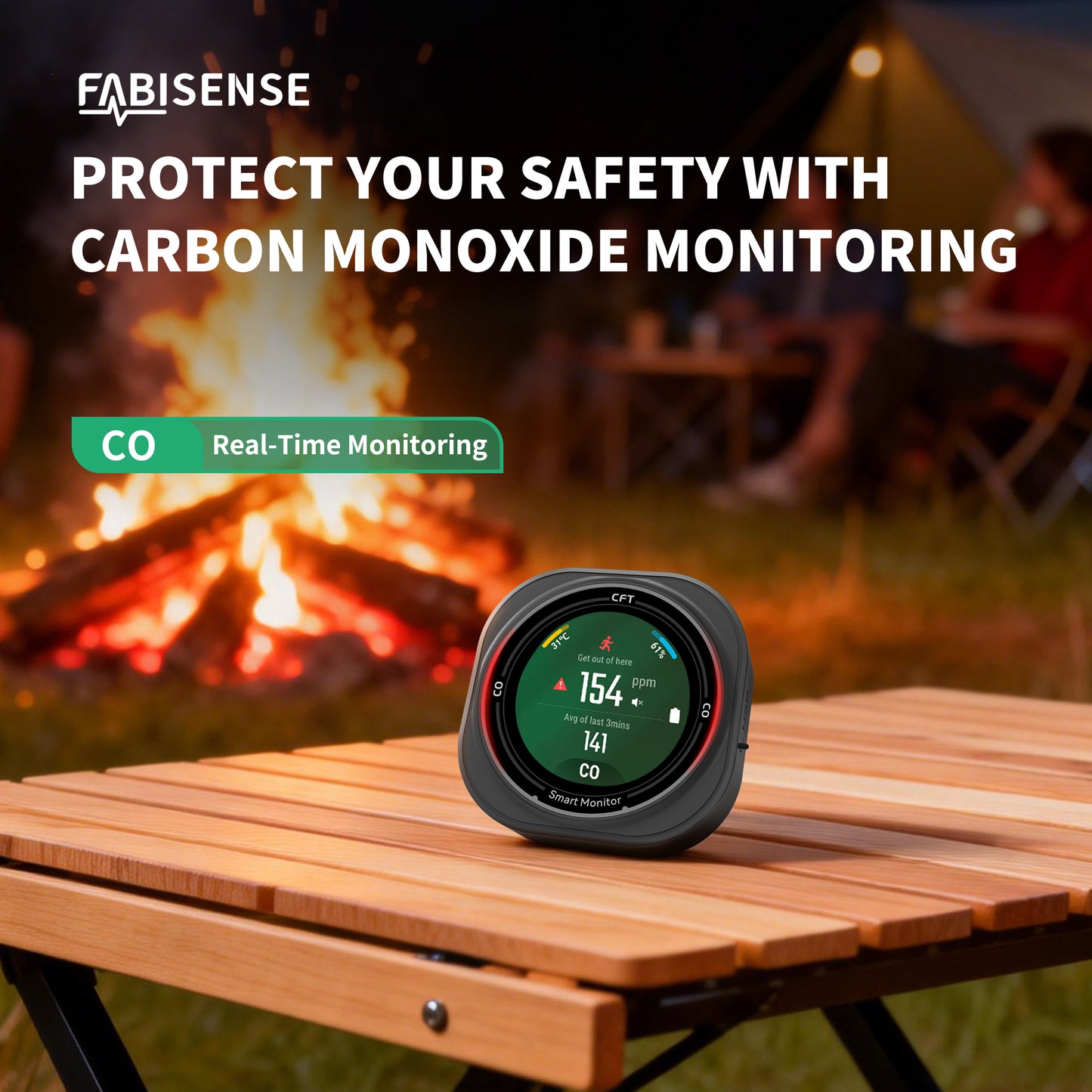 FABISENSE 282A Portable CO Detector | 0-1000ppm | Temp & Humidity | 1.8" Touch LCD | 2100mAh | Type-C | for Camping & Construction