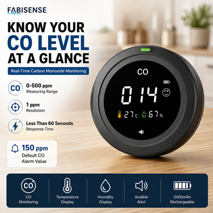 FABISENSE PTH-12 Portable Carbon Monoxide Detector – CO Monitor with Temperature, Humidity & Audible Alarm for Home, Kitchen, RV, Cabin & Garage