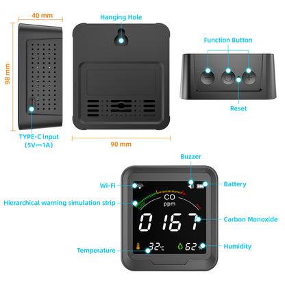 FABISENSE 9DW 3-in-1 WiFi CO Detector | Tuya App | 4" Color LCD | CO, Temp & Humidity | 90H Battery | Type-C | for Home & Travel