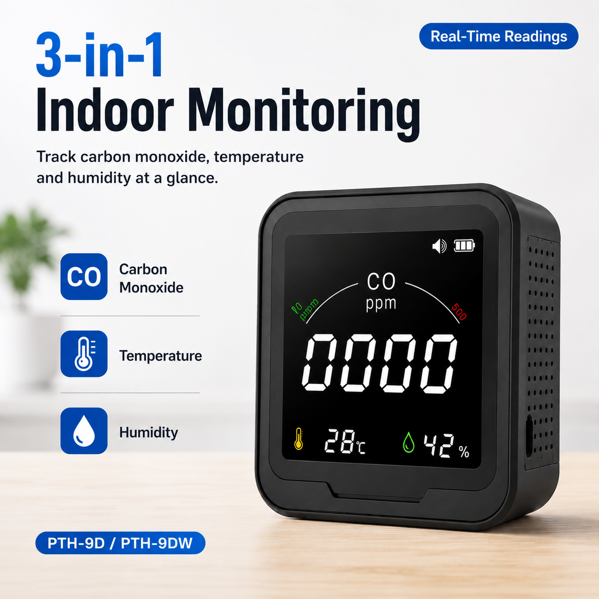 FABISENSE 9D / 9DW Portable CO Detector, Carbon Monoxide Monitor with Adjustable Alarm, Temperature Humidity & Wi-Fi Tuya Smart