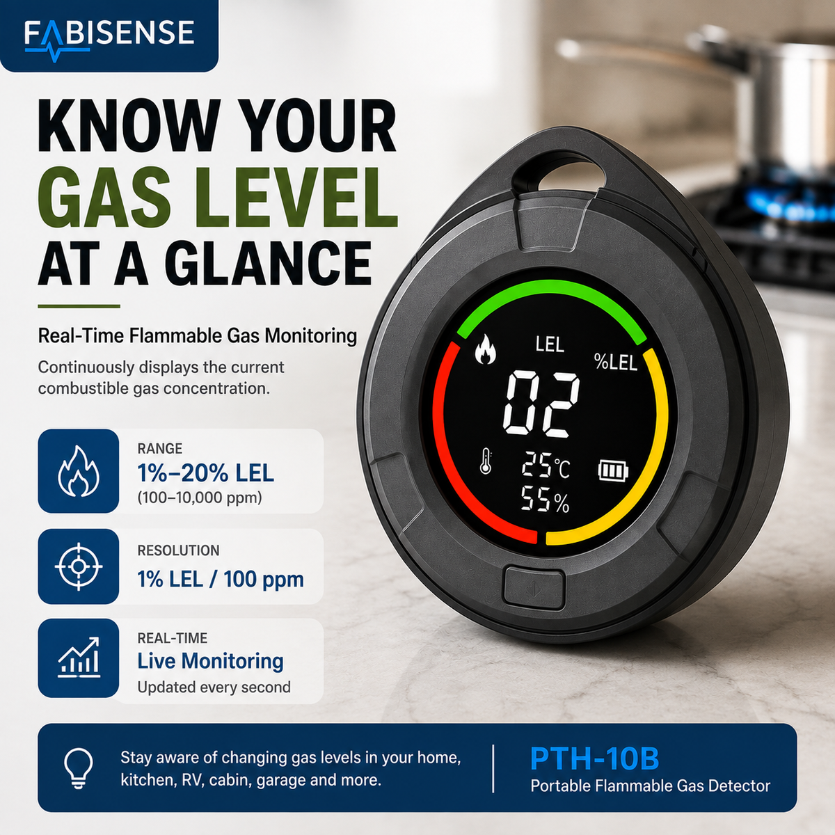 FABISENSE 10B Portable Flammable Gas Detector – Combustible Gas Monitor with Temperature, Humidity & Audible Alert for Home, Kitchen, RV & Indoor Spaces