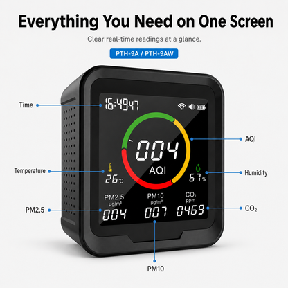 FABISENSE 9A /9AW 5-in-1 Air Quality Monitor, CO₂ PM2.5 PM10 Detector with Temperature, Humidity & Optional Wi-Fi App