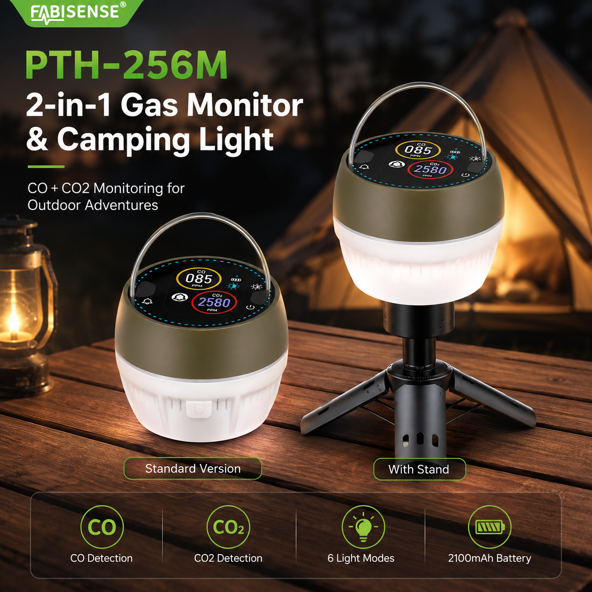 FABISENSE 256M 便携式 CO & CO₂ 检测露营灯，具备 6 种照明模式、2100mAh 电池及可选配铝制支架